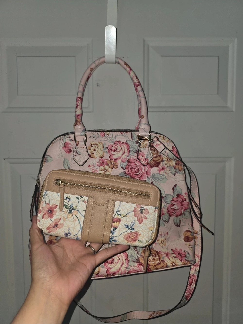 Floral Dome Tote with Matching Floral Wallet - Pink